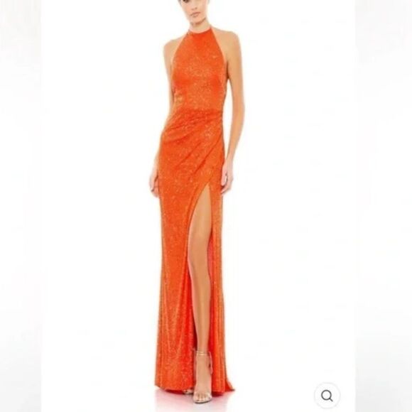 Mac Duggal Orange Sequin Formal Cocktail Halter Gown| Size 12 - Picture 2 of 12